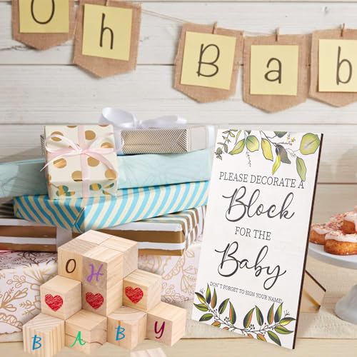 PEUTIER 75pcs Baby Wooden Shower Games Kit, 50 DIY Baby Unfinished Shower Block with Game Sign 24 Acrylic Paint Marker Baby Cubes Crafts Game Prizes PEUTIER