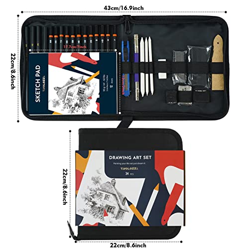 Tavolozza Drawing Art Pencils Set, 34 Pack Professional Drawing and Sketch Pencil Set in Soft-Sided Art Portfolio Storage Bags for Kids, Teens and Tavolozza Fine Arts