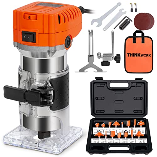 THINKWORK Compact Router, 6.5-Amp 1.25 HP Compact Wood Palm Router Tool, 6 Variable Speeds Wood Trimmer with 15 Pieces 1/4" Router Bits Set, THINKWORK