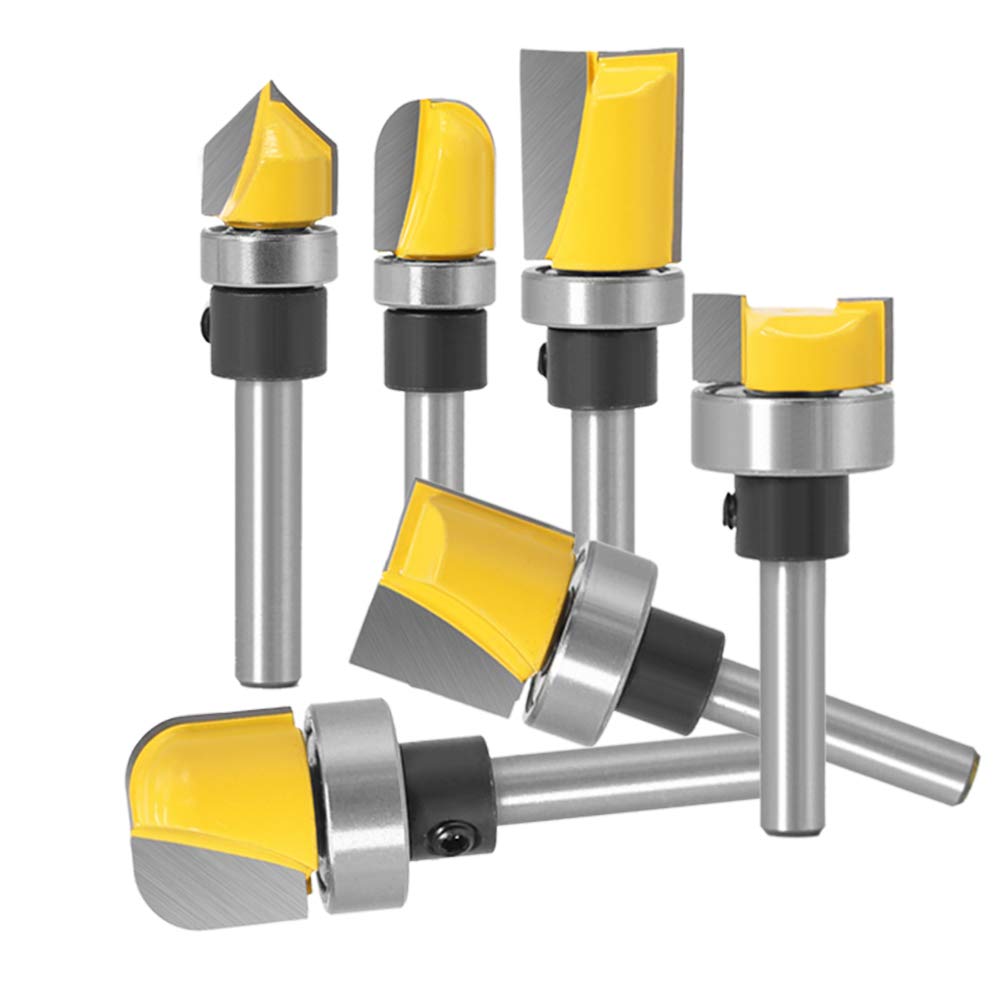 Yakamoz 6Pcs Assorted Edge 1/4 Inch Shank Treatment Grooving Router Bit Set with Bearings Hinge Mortising Flush Trim, Bowl and Tray & V Groove YAKAMOZ