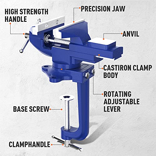 Shangyoyi 2-in-1 Bench Vise For Workbench 3.2"- Multi-functional Portable 360° Swivel Base Clamp On Vice/Table Vise For Woodworking, Cutting Conduit, Shangyoyi