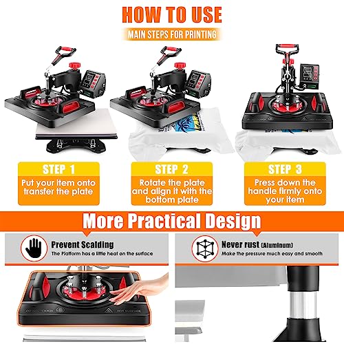 Pro Heat Press, 5 in 1 Heat Press Machine for T Shirts, 15 x 12 Inch Shirt Press Machine, 360-Degree Swing Away Heat Transfer Sublimation Shirt AKEYDIY