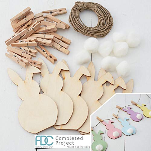 Factory Direct Craft Unfinished Wooden Floppy Ear Bunny Rabbit Garland Easter Craft Kit Unfinished Wood Bunnies, White Pom Poms, Twine and Factory Direct Craft