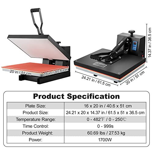 VEVOR Heat Press 16x20, 1700W Power Heat Press Machine, Fast Heating, High Pressure Heat Press Machine for T-Shirt, Digital Industrial Sublimation VEVOR