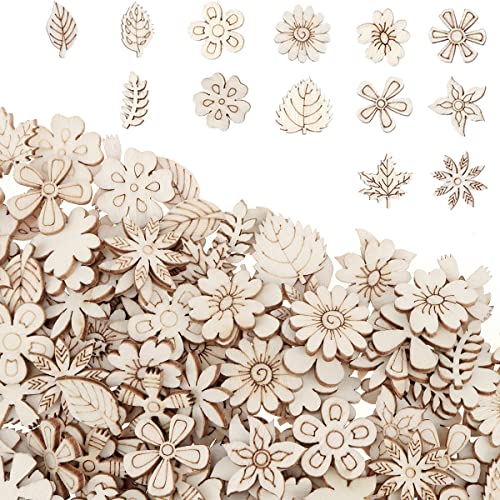 300 Pcs Wooden Embellishments Mixed Flower Leaf Pattern Wooden Scrapbooking DIY Handmade Crafts Children DIY Graffiti Home Decor YOLUFER