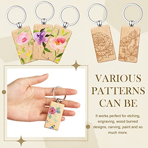 Yinkin 100 Pieces Wooden Keychain Blanks Wood Key Chain Bulk Unfinished Wooden Engraving Key Tag Ring for DIY Gift Crafts(Rectangle) Yinkin