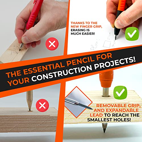 THORVALD Carpenter Pencils Set for Carpenter - Incl. 7 Leads + Sharpener + Finger Grip - Solid Mechanical Pencils with Fine Point/Best Marking tools THORVALD