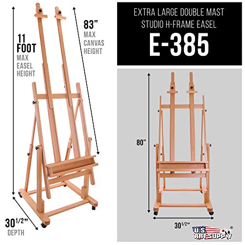 U.S. Art Supply Extra Large Double Mast Wooden H-Frame Studio Floor Easel with Artist Storage Tray - Adjustable, Tilts Flat, Premium Beechwood Canvas US Art Supply