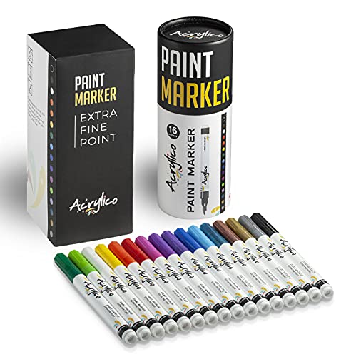 Acrylic Paint Pens for Rock Painting Set of 16 Paint Markers Extra Fine Tip for Wood, Canvas, Plastic, Ceramic, Glass, Drawing Craft Supplies for Acrylico