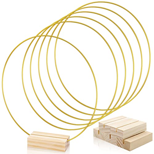 FSWCCK 5 PCS 10 Inch Metal Floral Hoop Centerpiece for Table, Metal Wreath Ring with 5 PCS Wood Place Card Holders, Floral Hoop Wreath for DIY FSWCCK