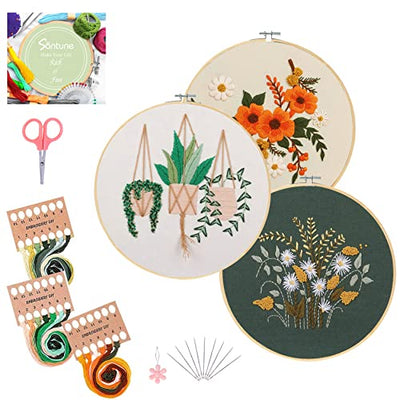 Santune 3 Sets Embroidery Starter Kit with Pattern and Instructions, Cross Stitch Set, Stamped Embroidery Kits with 3 Embroidery Clothes with
