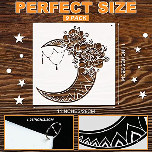 9 Pieces Mandala Sun and Moon Stencil Flower Star Stencils Reusable Painting Templates with Metal Open Ring for DIY Scrapbooks on Wood Wall Home Zubebe