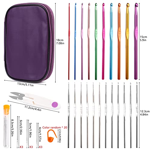 IMZAY 54 Pcs Crochet Needles Set, Crochet Hooks Kit with Purple Storage Case, Ergonomic Knitting Needles Blunt Needles Stitch Marker DIY Hand IMZAY