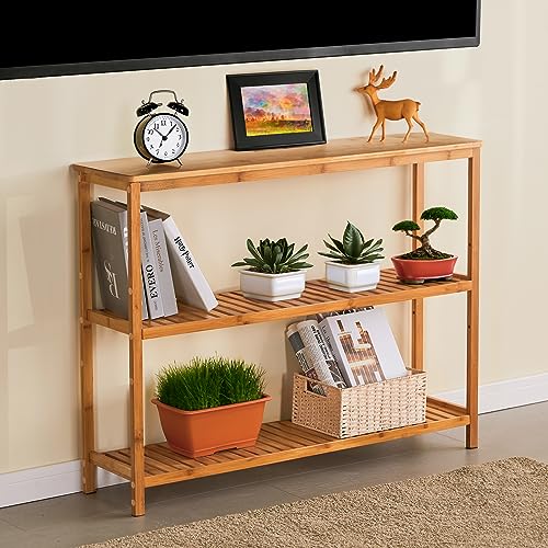 SINWANT Bamboo Console Table, 3 Tier Entryway Table with Storage, Narrow Sofa Table with Shelves,Entrance Table for Entryway,Living Room, Foyer, SINWANT