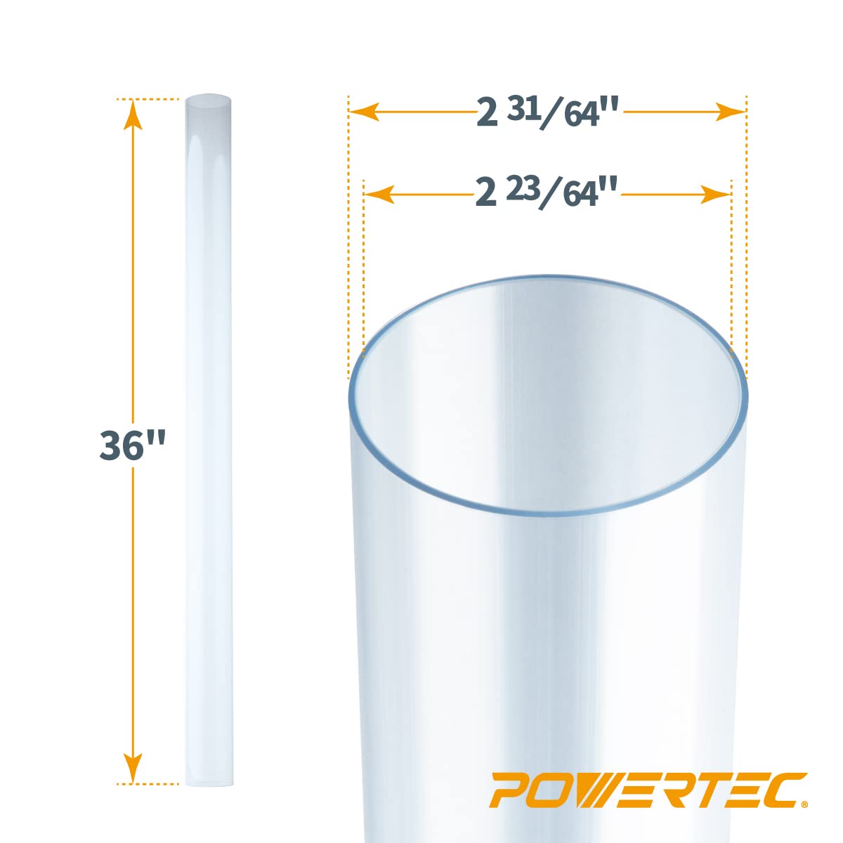 POWERTEC 70176V Clear PVC Pipe 2-1/2" x 36" Long, 1PK, Rigid Plastic Tubing for Dust Collection Hose & Fittings POWERTEC