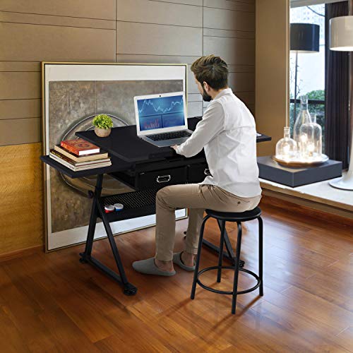 Yaheetech Drafting Table for Artists, Height Adjustable Drawing Desk Art/Craft Desk Diamond Paintings Work Station w/ 2 Storage Drawers and Stool for Yaheetech