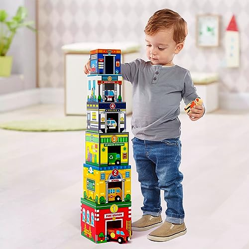 Atoylink Toddler Sorting and Stacking Toys with Magnetic Wooden Cars & Community Helpers, Baby Number Blocks Nesting Boxes Preschool Learning Atoylink