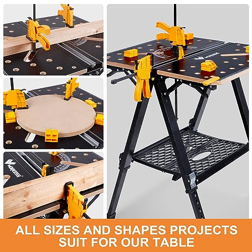 WORKESS Portable Workbench & Sawhorse, 1000Lbs Capacity Heavy Duty Folding Work Table, 23.6"-36" Adjustable Height with 2 Quick Clamps, 4 Bench Dogs, WORKESS