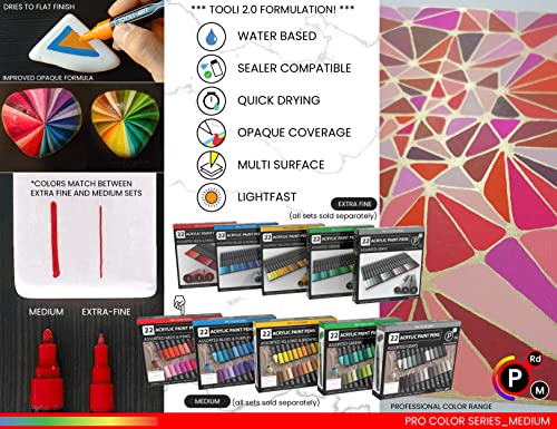 TOOLI-ART 22 Acrylic Paint Markers Paint Pens Pro Color Series Set 3mm Medium Tip for Rock Painting, Glass, Mugs, Wood, Metal, Glass Paint, Canvas, TOOLI-ART