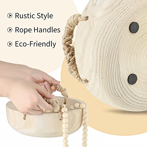 Paulownia Wood Bowl Rustic Wooden Dough Bowl for Decor Decorative Round Serving Key Bowl with Rope Handle and Wood Bead Garland for Christmas AllReal