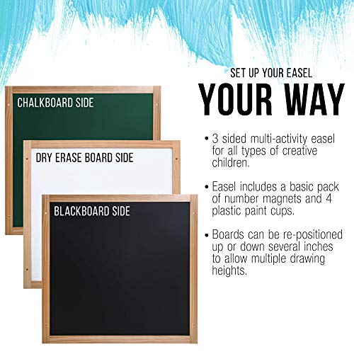 U.S. Art Supply Children's 3-Sided Art Activity Easel with Chalkboard, Large Paper Roll, Shelf & Plastic Paint Cups US Art Supply