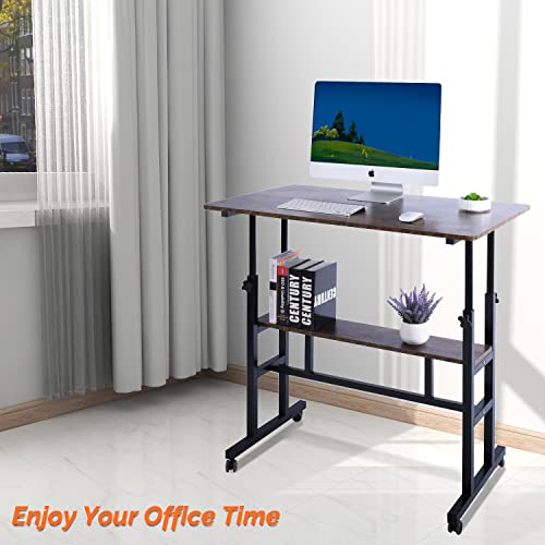 AIZ Adjustable Computer Double-Layer, Rolling Wheels Home Office Workstation, Portable Laptop Table Sitting, Adults or Children,Black Mobile Standing AIZ