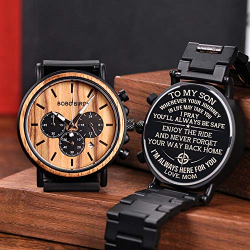 BOBO BIRD Mens Personalized Engraved Wooden Watches, Stylish Wood & Stainless Steel Combined Quartz Casual Wristwatches for Men Family Friends BOBO BIRD