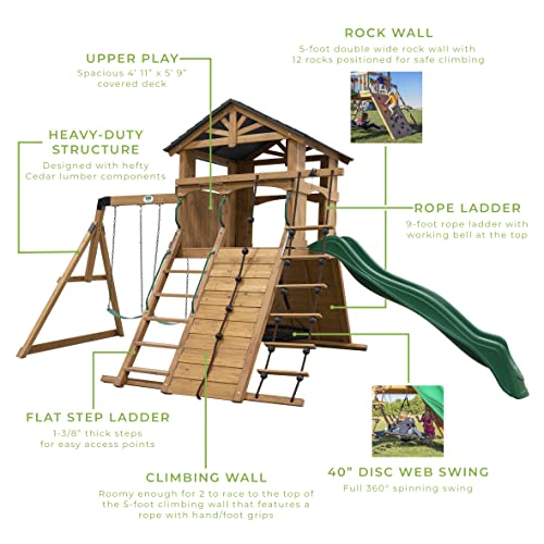 Backyard Discovery Endeavor All Cedar Wood Swing Set Playset for Backyard with Large Clubhouse Wave Slide Rope Ladder Rock Climbing Wall Wave Slide 2 Backyard Discovery