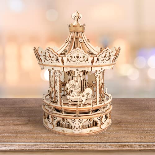 ROKR 3D Wooden Puzzles for Adults Mechanical Music Box Romantic Carousel, DIY Music Box Model Building Kits for Teens, DIY Crafts/Hobbies/Gifts Desk ROKR