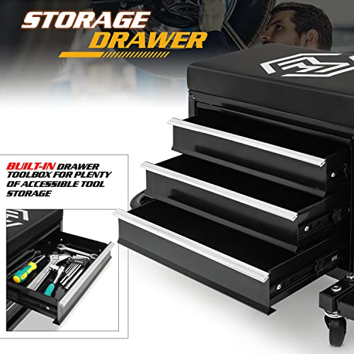 Magshion Rolling Stool with 3-Drawer Toolbox Padded Mechanic Stool Creeper Seat with Foldable Tool Tray 350 lbs Capacity Garage Workshop Stool Magshion