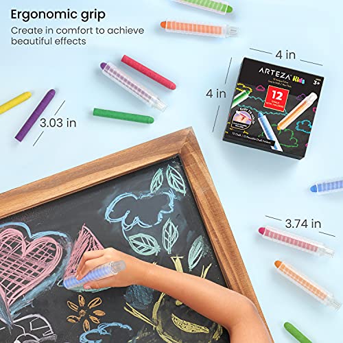 Arteza Kids Colored Chalkboard Chalk, Set of 12, Washable Dustless Chalk with Holders, Art Supplies for Spring and Summer Activities, Playtime, and Arteza Kids