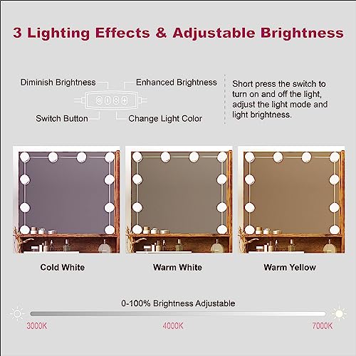 Vanity Table with Lighted Mirror, 3 Drawers Makeup Desk Dressing Table with Lots Storage Vanity Set with Wider Cushioned Stool for Bedroom (Brown) Panana