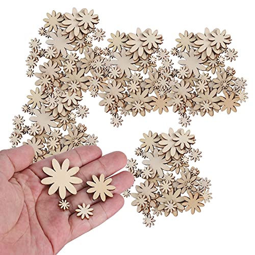 250Pcs Flower Shape Unfinished Wooden Flower Slices Wooden Flowers Wood Cutout with Mixed Sizes for Christmas Wedding Party DIY Crafts Decor Pssopp