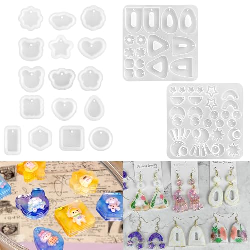 RESINWORLD Multi Piece Dangle Earrings Silicone Mold + 16pcs Variety Geometric Pendant Silicone Molds with Hanging Hole ResinWorld