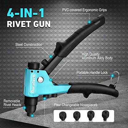 DURATECH 4-in-1 Rivet Gun, Pop Rivet Tool Kit with 100 Rivets - 3/32", 1/8", 5/32", 3/16", Heavy Duty Hand Riveter with 4 Interchangeable Nosepieces