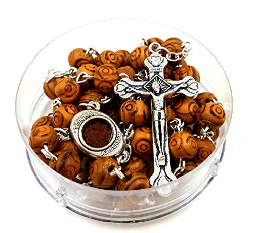 TALISMAN4U CATHOLIC ROSARY NECKLACE Olive Wood Carved Beads With Jerusalem Soil & Cross Crucifix in Gift Box TALISMAN4U
