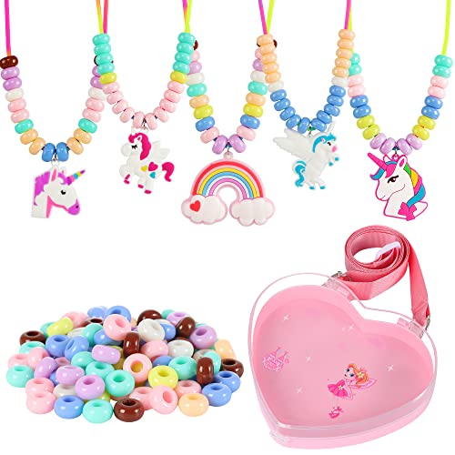 FLYINGSEEDS Unicorn Jewelry Making Kit, 5 Rubber Necklaces and Charms with 100 Big Holes Beads Toy Set, Beading Arts and Crafts, Ideal Gifts for FLYINGSEEDS
