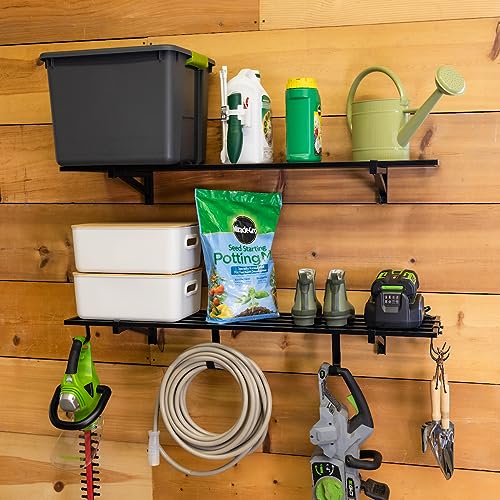 StoreYourBoard 2 Pack Heavy Duty Garage Wall Shelves, 1' x 4' Wall Mount Storage Shelf with Hooks, Holds 200 lbs Each StoreYourBoard