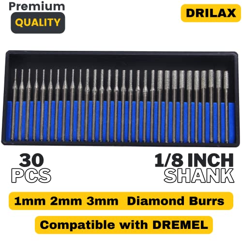 Diamond Drill Bits 1mm 2mm 3mm 30 pcs Diamond Jewelry Drill Bits for Sea Glass Shells Gem Stones Lapidary Equipment Compatible with Dremel Diamond DRILAX