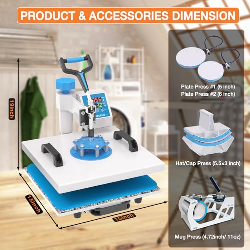 HORGELU 5 in 1 Heat Press Machine 15x15 Inch Heat Transfer Machine 360-Degree Swing Away Multifunction Digital Sublimation Combo Heat Press for T Horgelu
