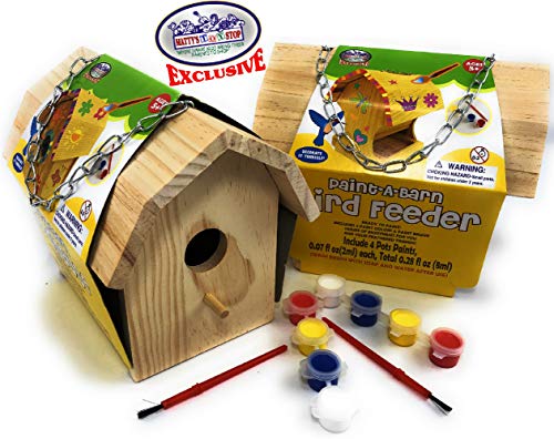 Matty's Toy Stop Paint-A-Barn Wooden Birdhouse & Bird Feeder (Includes Paints & Brushes) Gift Set Bundle - 2 Pack Matty's Toy Stop