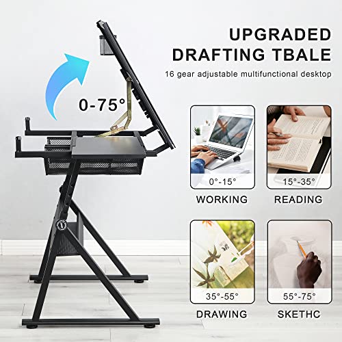 LifeSky Adjustable Glass Drafting Table - Height Adjustable Temped Glass Artists Drawing Table with Storage - Art Craft Desk Workstation for Adults LIFE SKY