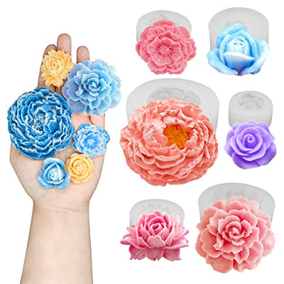 6PCS Flower Silicone Molds Resin Candle Mold Set, 3D Bloom Rose Peony Fondant Mold for Chocolate Cake Decor Soap Candle Making Kit, Resin Mold for