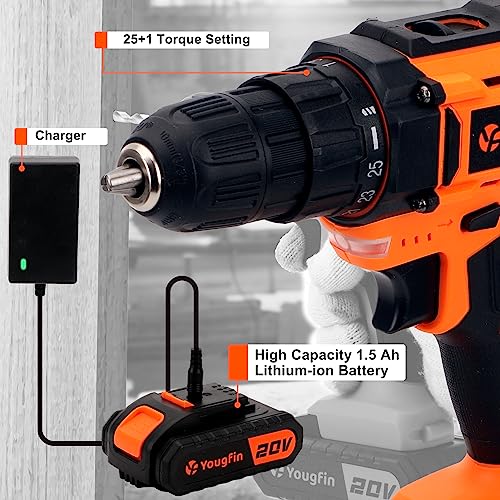 YOUGFIN 118 Pcs Power Tool Combo Kit with 20V Cordless Drill (3/8"), 2 Pack 1.5Ah Battery & Charger - Professional DIY Hand Tool Kit for Home, Garden Yougfin