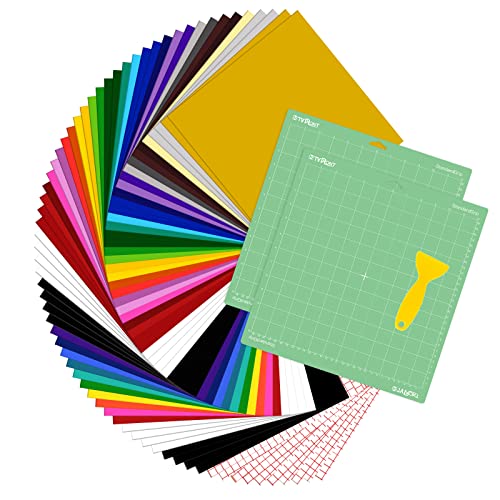 HTVRONT 70 Pack Vinyl for Cricut Machine, 57 Sheets 12" X 12" Permanent Adhesive Vinyl Sheets & 2 Cutting Mat & 10 Transfer Paper for Vinyl HTVRONT