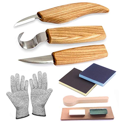 PRUGNA Wood Carving Tools Set for Spoon, Kuksa, etc. Carving Kit Contains 3 Knives, Sanding Sponges, Whetstone, Strop and Polishing Compound - with PRUGNA