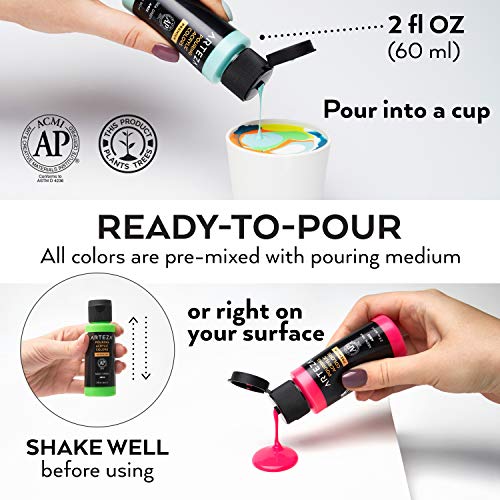 ARTEZA Acrylic Pouring Paint, Set of 32, 2oz Bottles, Assorted Colors, High Flow Paint, No Mixing Needed, Art Supplies for Pouring on Canvas, Glass, ARTEZA