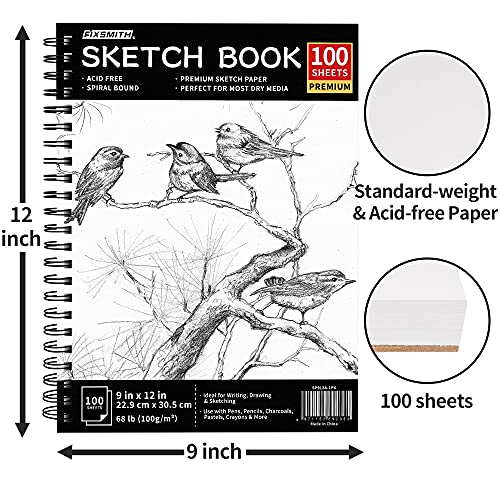 FIXSMITH 9"X12" Sketch Book | 400 Sheets (68 lb/100gsm) Sketchbook| 4 Pack (100 Sheets Each) |Acid Free Drawing Paper | Spiral Bound Sketchpad for FIXSMITH