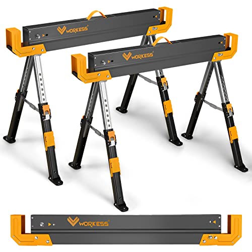 WORKESS Saw Horses 2 Pack Folding, 2600 Lbs Load Capacity & 24-32 Inch Adjustable Height Heavy Duty Sawhorse Table with 2x4 Support Arms, Portable WORKESS