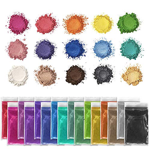 Pixiss Epoxy Resin Dye, Mica Powder, 15 Powdered Pigments Set, Soap Dye, Hand Soap Making Supplies, Eyeshadow and Lips Makeup Dye, Slime Pigment Pixiss